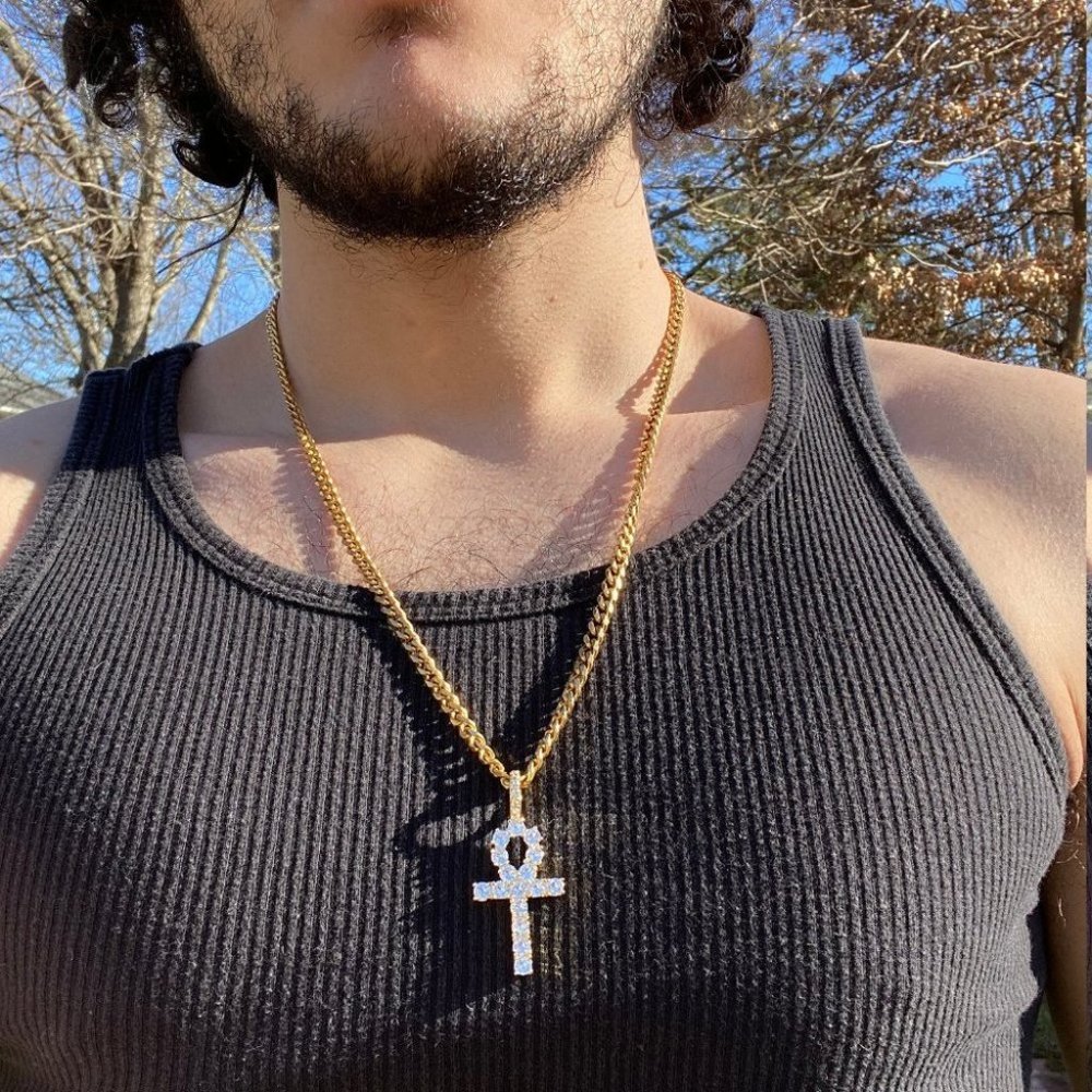 14k Gold Ankh Mens Chain Necklace 24in 5mm
